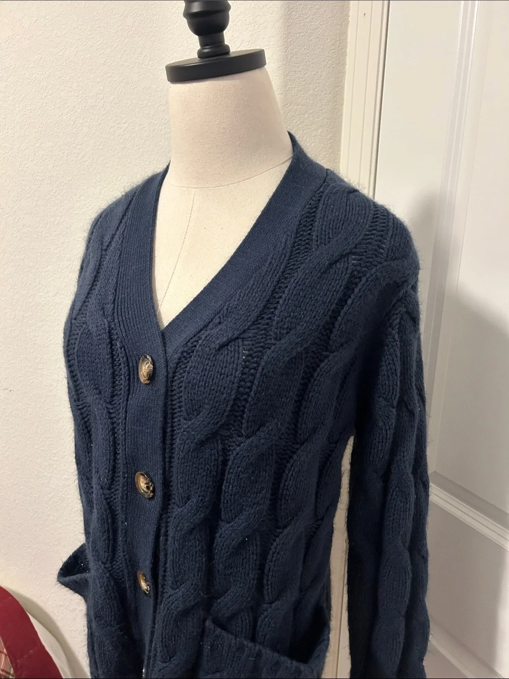 Navy Cable Knit Chunky Button-Up Cardigan Size Medium